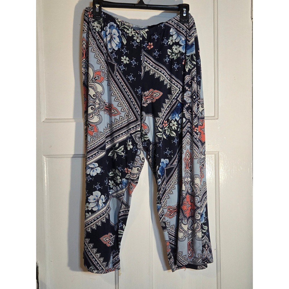 Blue Floral Paisley Scarf Print Elastic Waist Knit Pants Large ATM146 PA1720